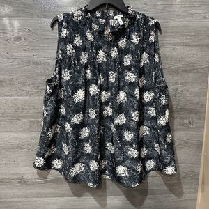 Joie Sleeveless Smocked Top Blouse Women XXL Fern Floral Keyhole‎ Back Ruffle